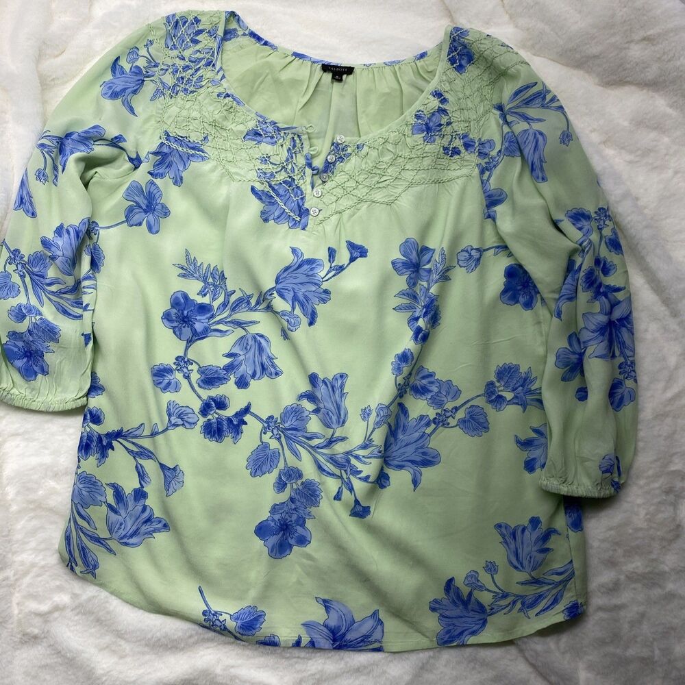 Talbots Mint Green Floral Boho Blouse Medium M Blue Botanical Smocked Peasant